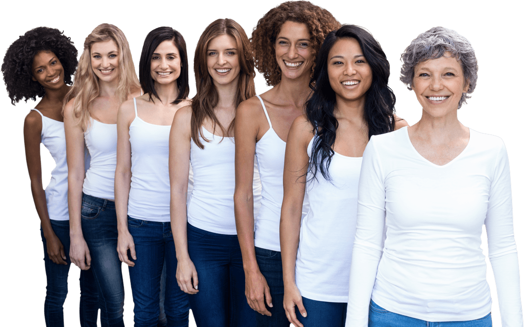Joyful Multiethnic Women Lined Up, Clad in White - Transparent