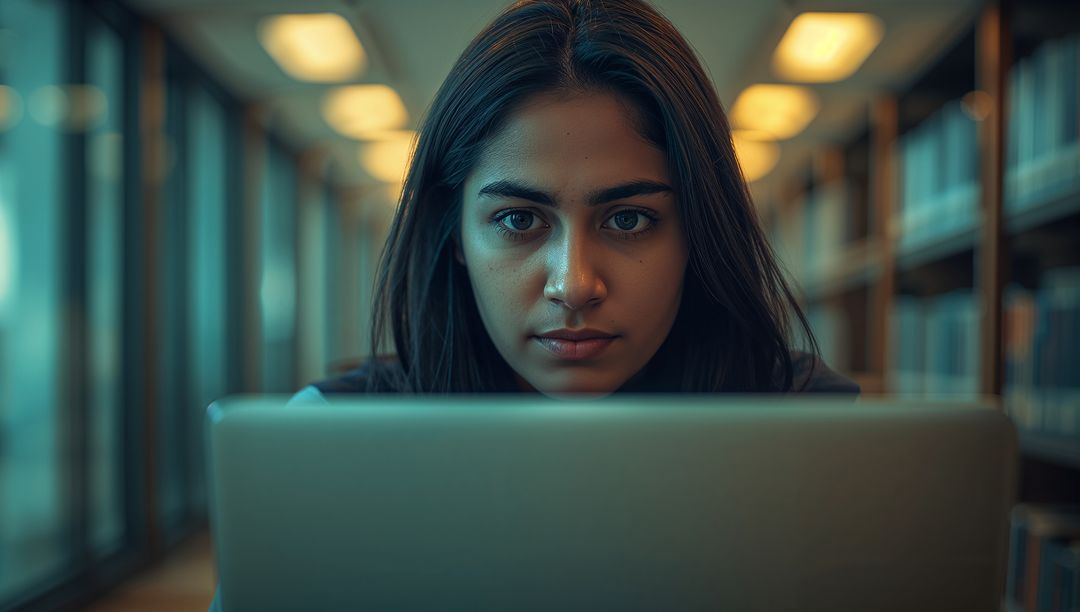 Focused Learner Engaged in Laptop Study Surrounded by Library Ambience