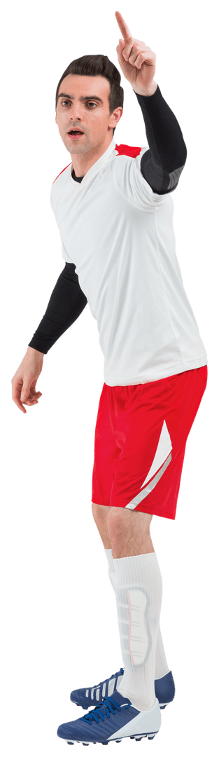 Football Player in White Kit Raising Hand with Determination