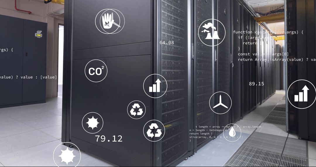 Sustainable Tech Concepts in Server Room with Eco Icons