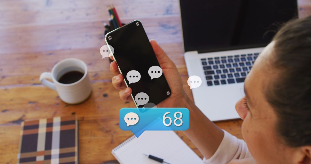 Woman Checking Messages on Smartphone with Notification Icons