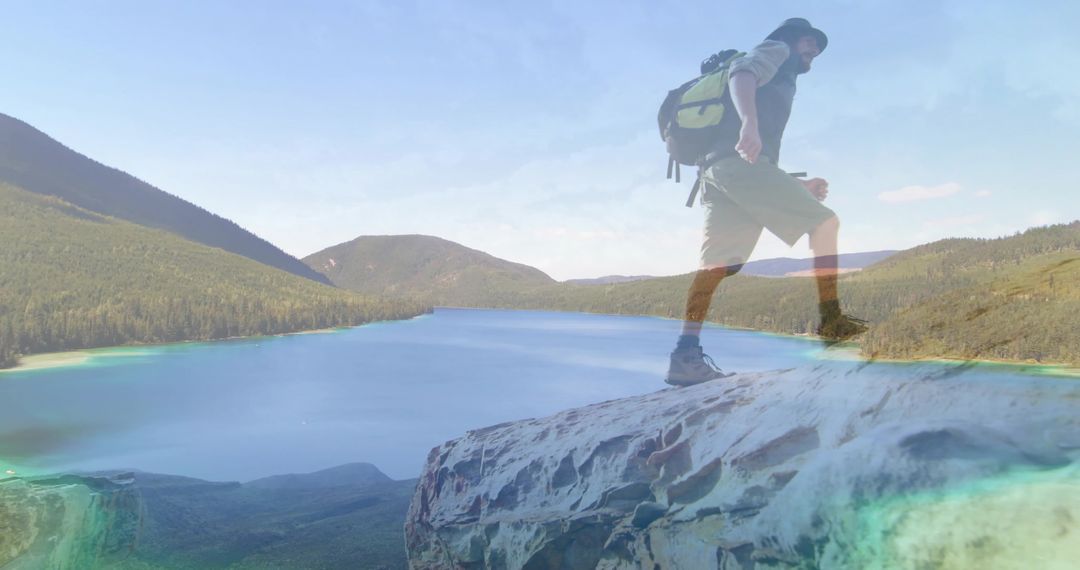 Dynamic Hiker Exploring Alpine Lake Panorama Adventure