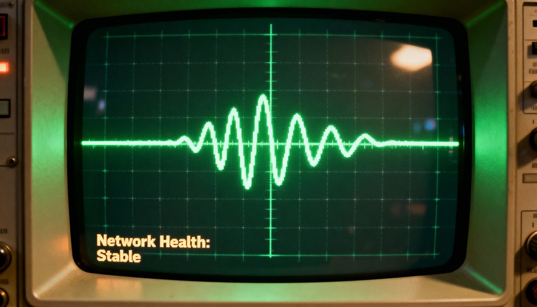 Retro Oscilloscope Displaying Network Health Stable Green Waveform on CRT Monitor