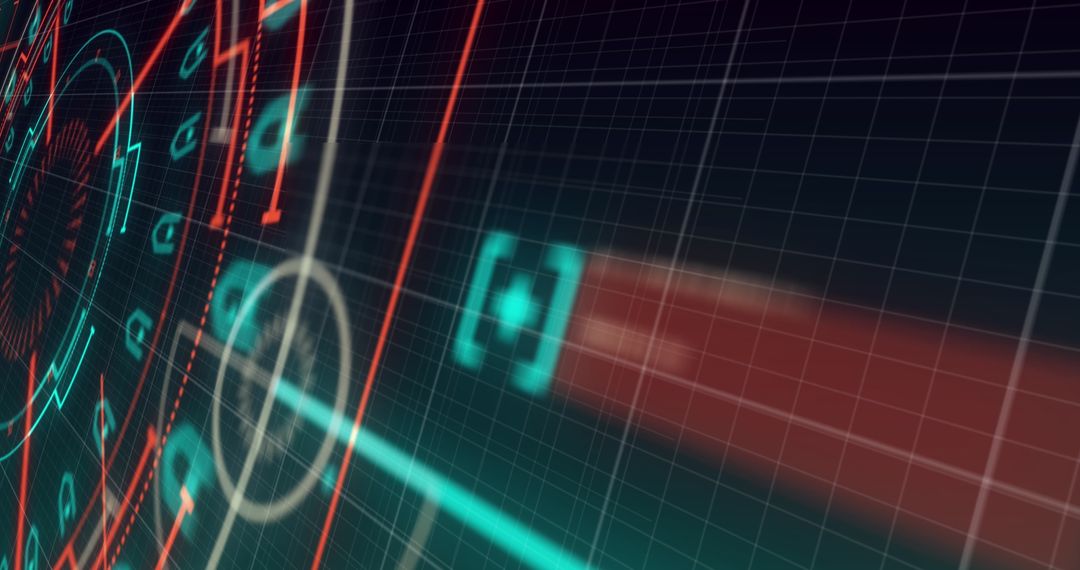 Futuristic Digital Interface with Neon Shapes on Black Grid