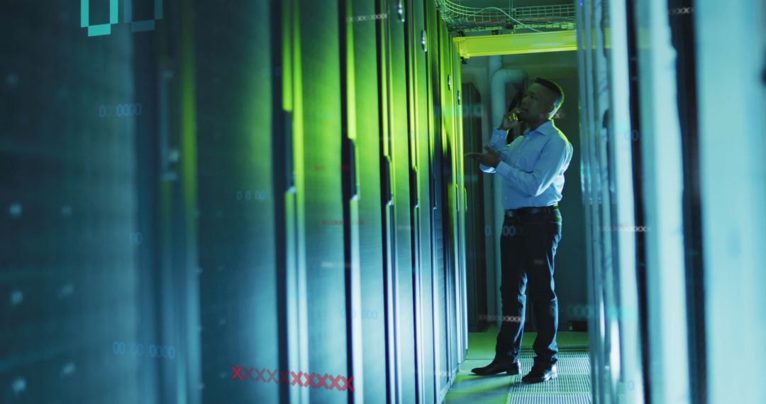 African American Male Engineer in Modern Data Center