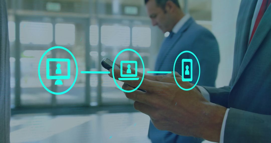 Businessman Utilizing Smartphone with Digital Network Graphics