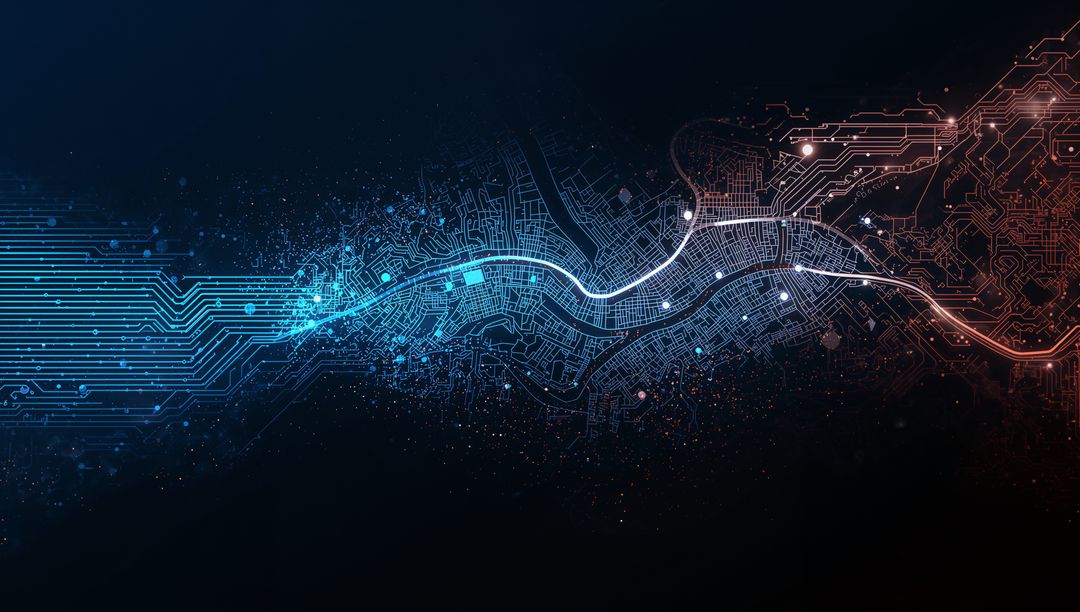Flowing Data Conduit Between Cyan and Red Circuit Grids with Neon Nodes