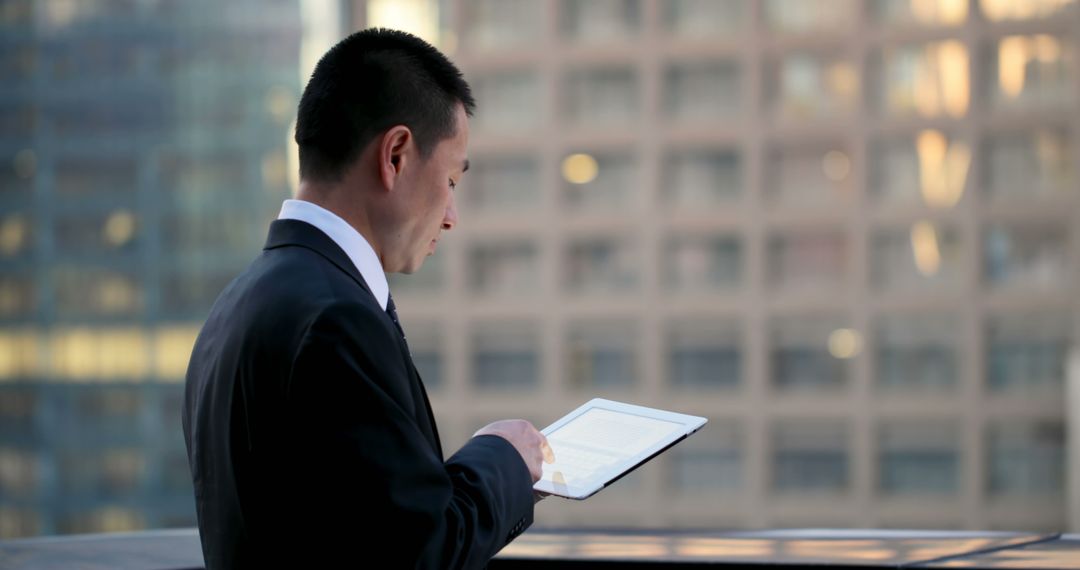 Businessman Using Tablet on Urban Balcony at Sunset - Free Images, Stock Photos and Pictures on Pikwizard.com