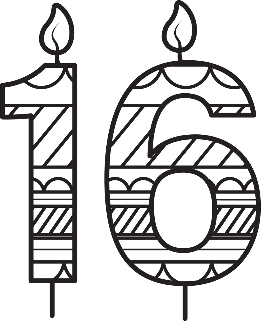 Illustrative 16th Birthday Candle Design on Transparent Background
