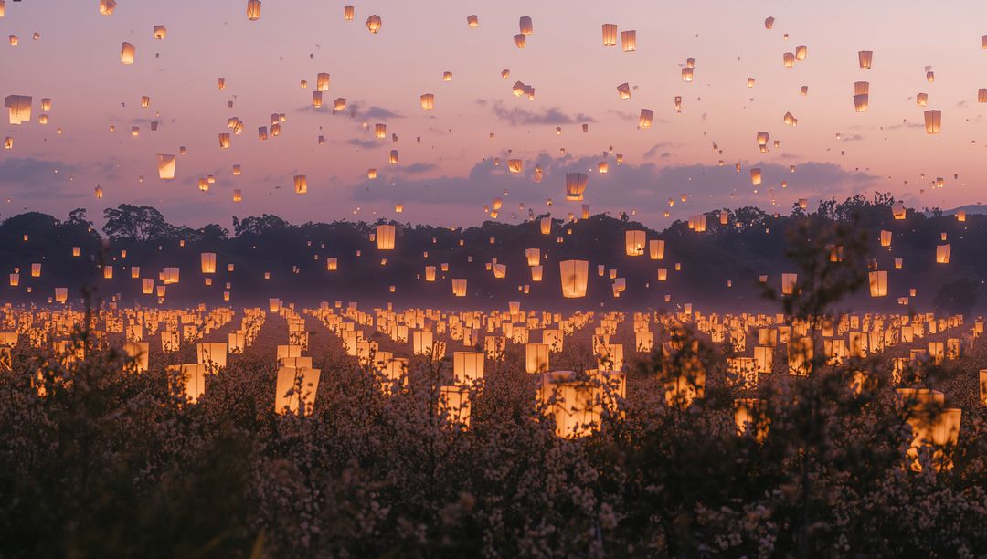 Illuminated Sky Lanterns Creating Stunning Twilight Display