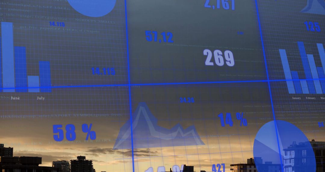 Digital Data Overlay on Urban Skyline at Dusk