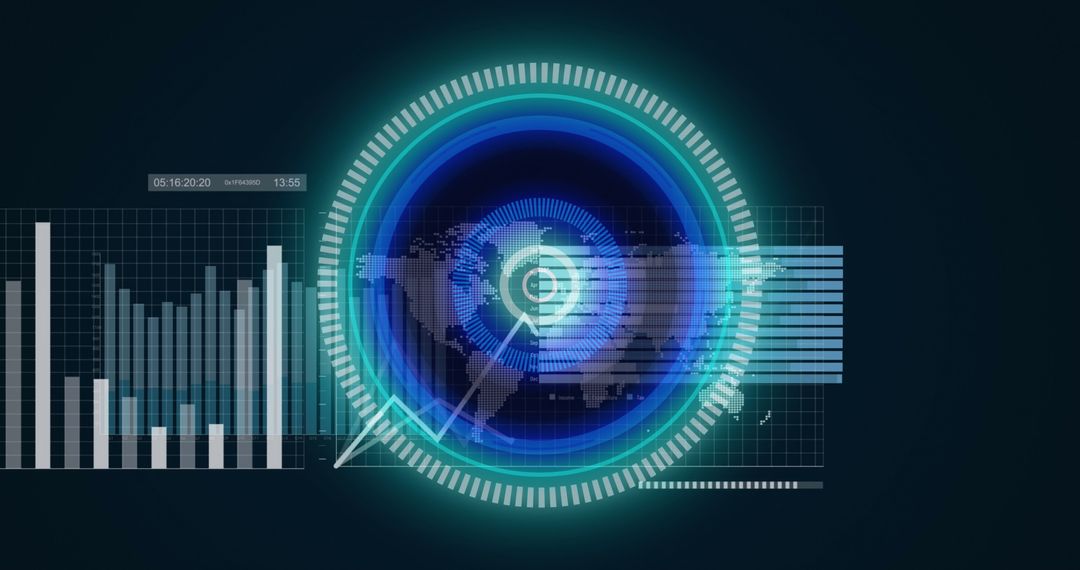 Futuristic graphical interface with data processing visualization