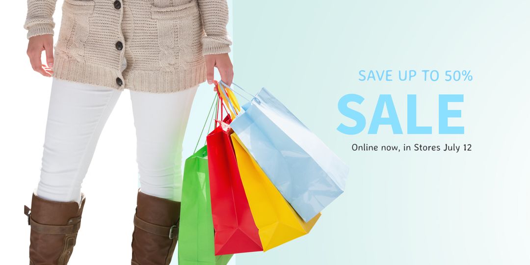 Excited Shopper Holding Colorful Bags Advertising Huge Discount Event