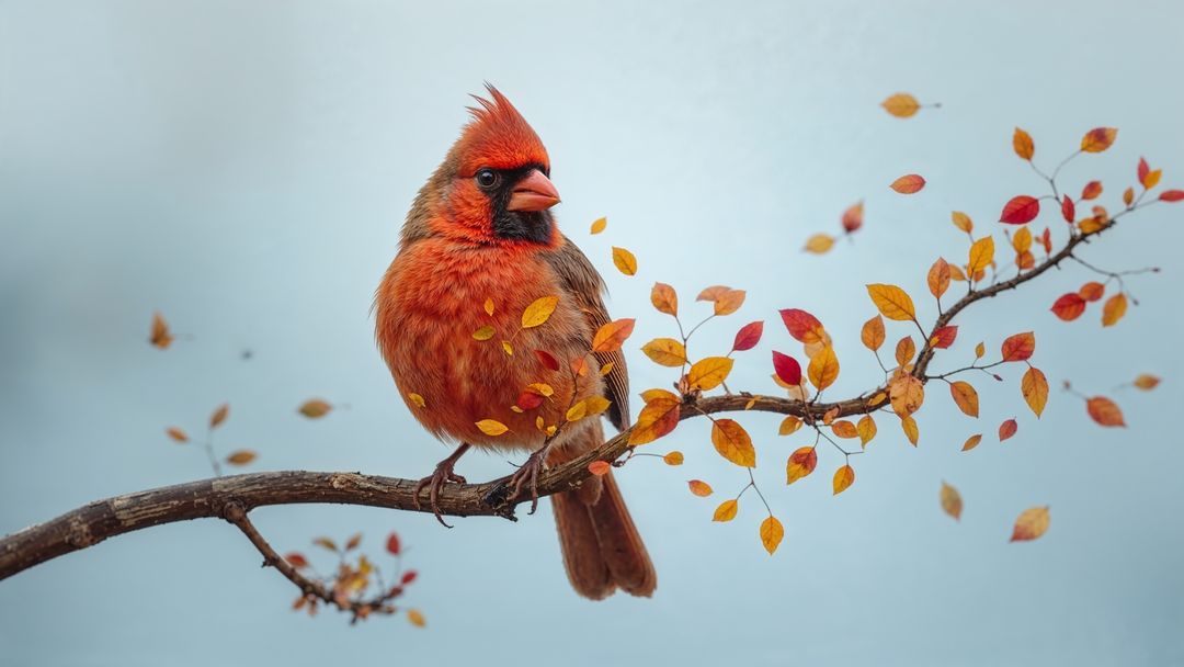 Vibrant Cardinal Perching on Autumn Branch with Colorful Leaves