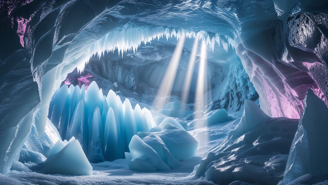 Glacial Ice Cave with Sunlit Crystal Spires