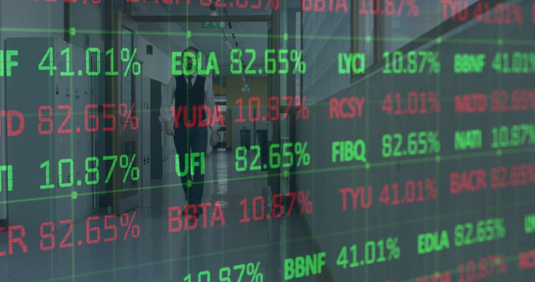 Businessman Walking with Stock Market Data Overlay