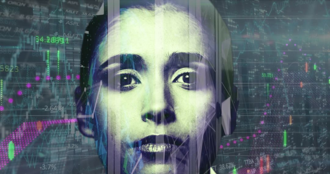 Futuristic Data Overlay on Woman's Face in Digital Network