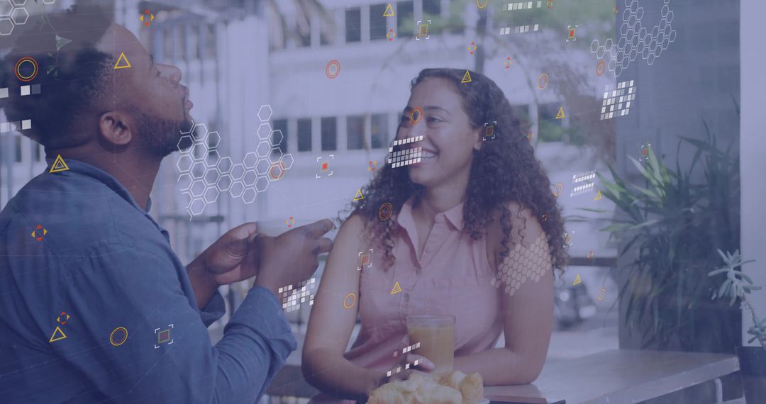Smiling Couple Enjoying Conversation at Cafe with Technology Overlay