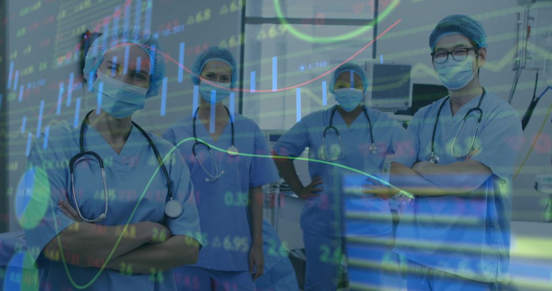 Medical Team Standing Confidently in Clinic Wearing Scrubs and Masks with Data Overlay