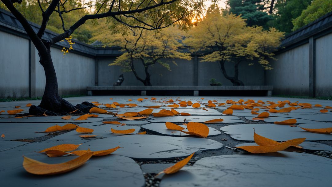 Autumn Leaves on Stone Path in Serene Courtyard