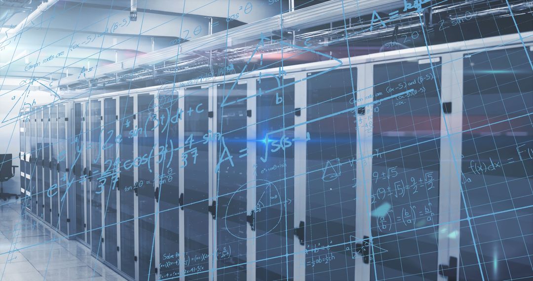 Mathematical Formulas Overlaying Modern Server Room