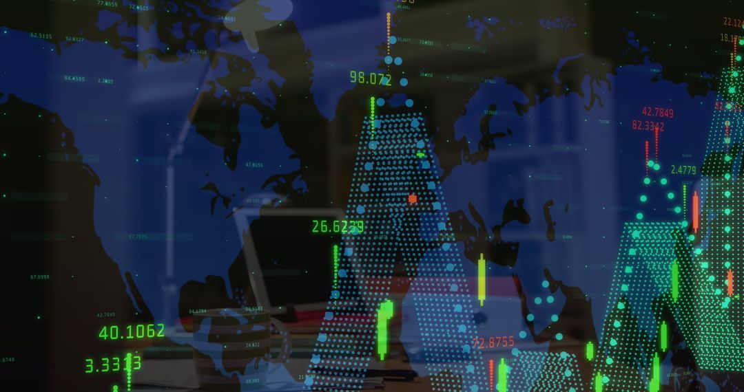 Global Financial Data Over World Map in Office Setting