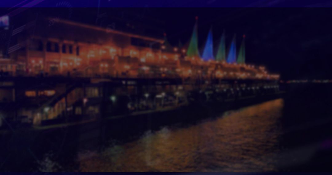 Scenic Pier Restaurant at Night with String Light Reflections