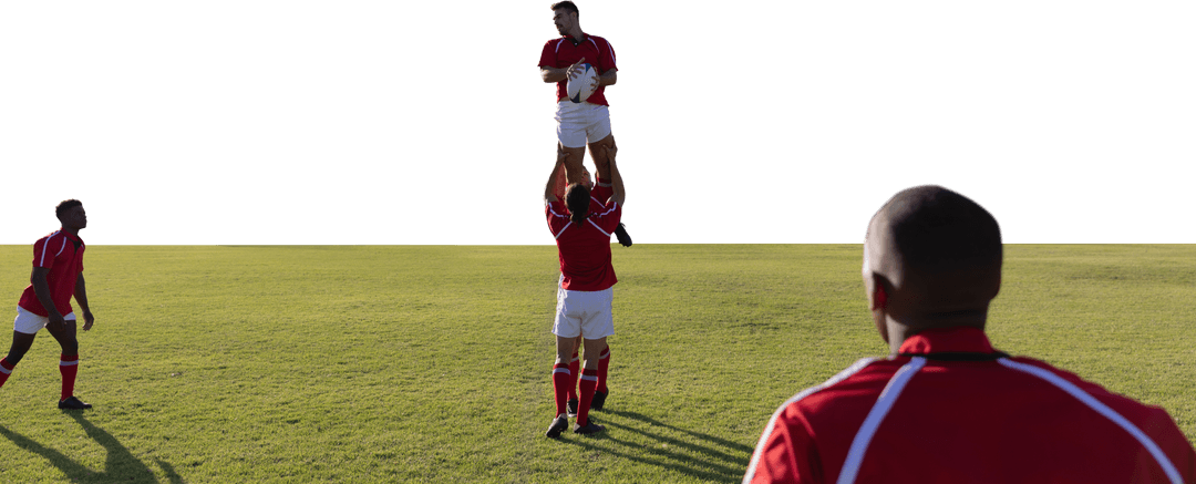 Rugby Players Performing Lift in Transparent Field
