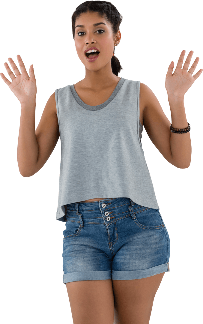 Young Woman in Denim Shorts Smiling with Open Hands on Transparent Background