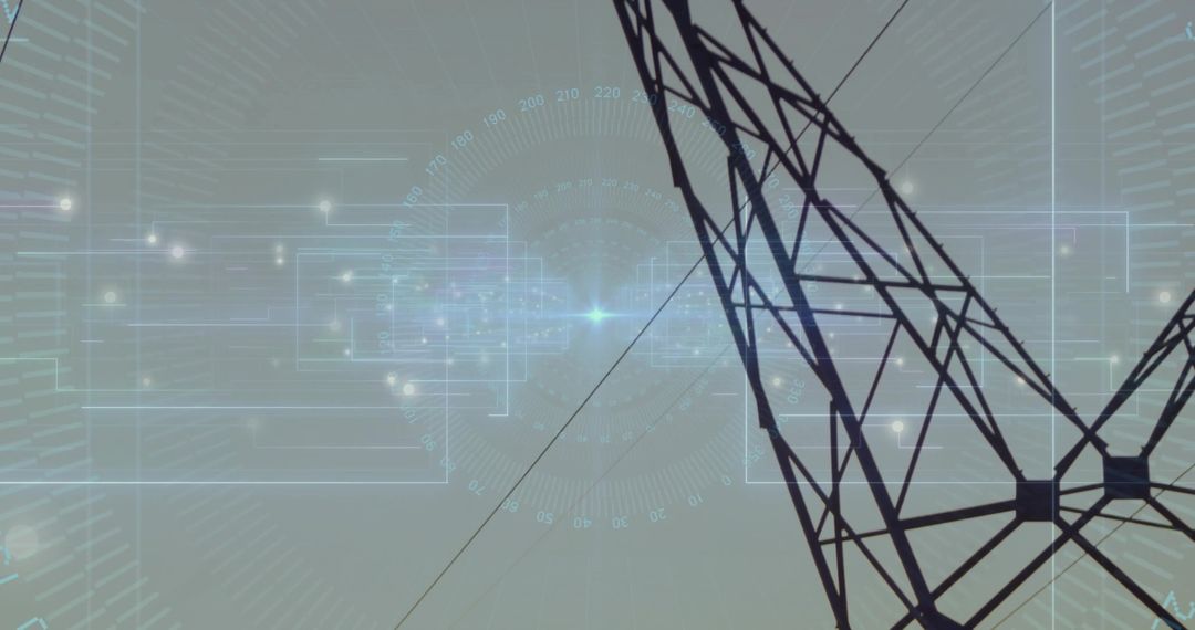 Futuristic Transmission Tower with HUD Overlay for Smart Grid Telecom and Connectivity
