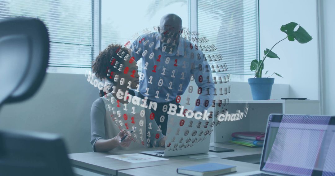 Business Team Discussing Blockchain Technology at Modern Office Desk