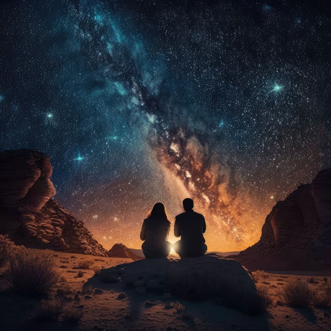 Couple in mountains star gazing at night sky, created using generative ai technology - Free Images, Stock Photos and Pictures on Pikwizard.com