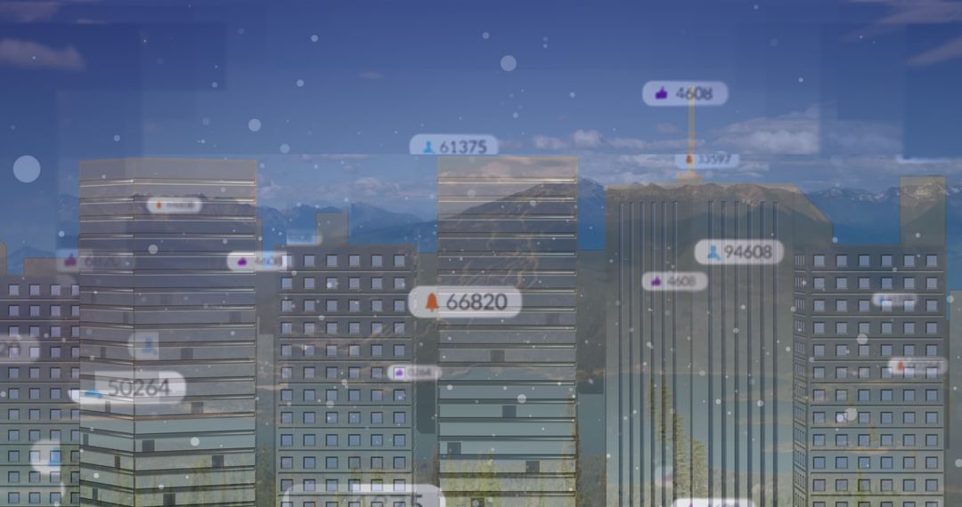 Abstract Digital Media Overlay on Cityscape with Mountains