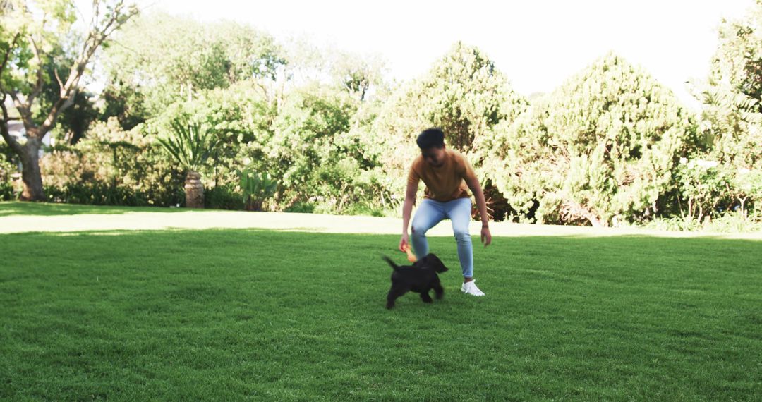 Young Man Playing Fetch with Energetic Puppy in Backyard