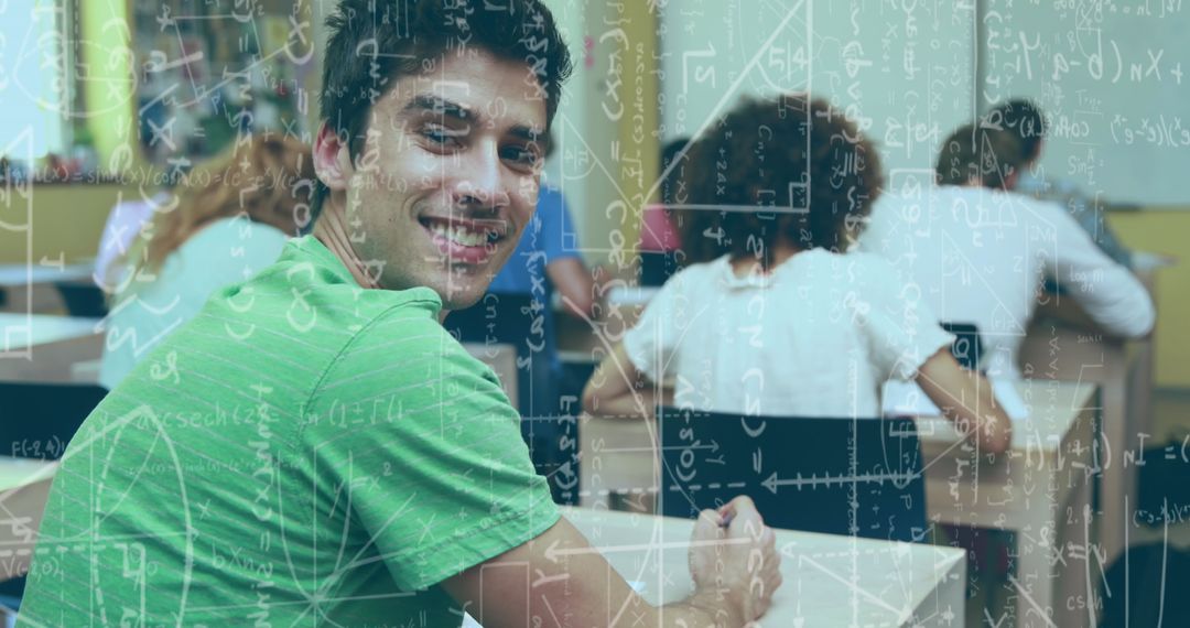 Smiling Student in Classroom Learning Math Concepts with Equations