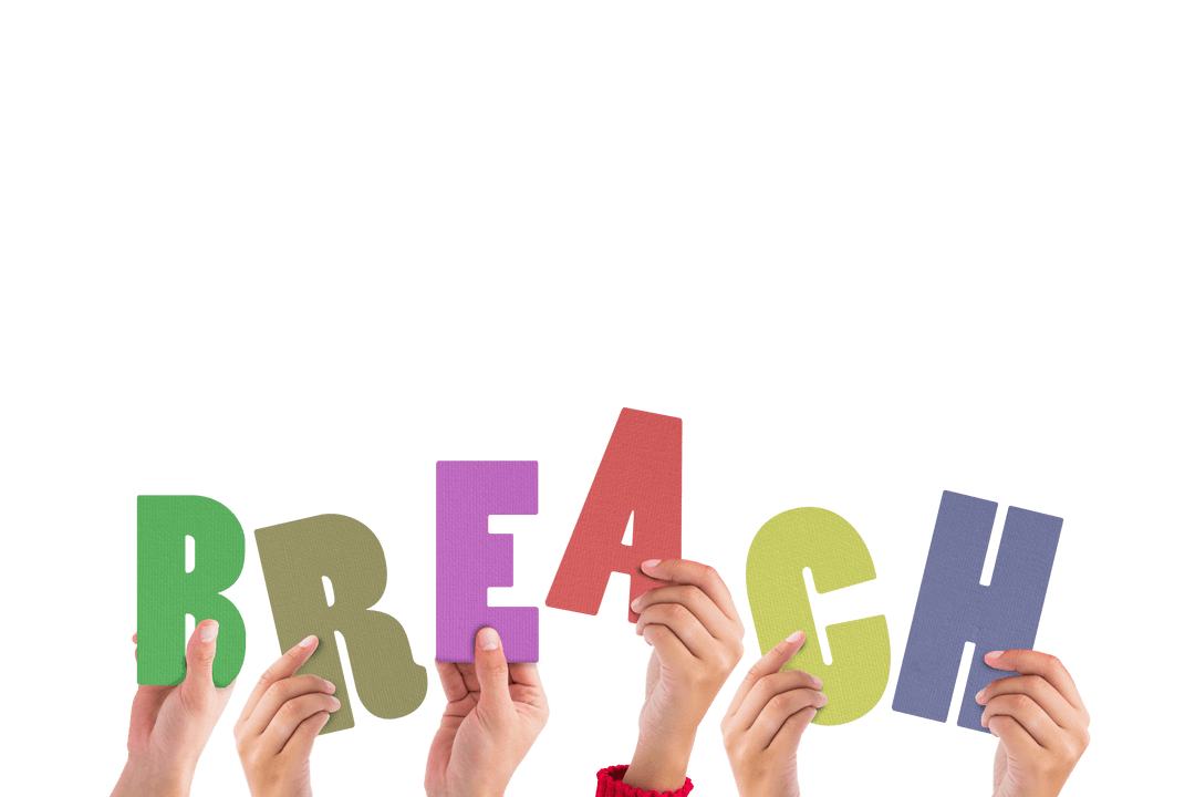 Hands Raising Colorful Letters Spelling 'Breach' on Transparent Background