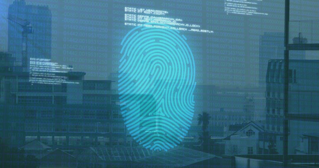 Digital Fingerprint with Cityscape Background Symbolizing Cybersecurity