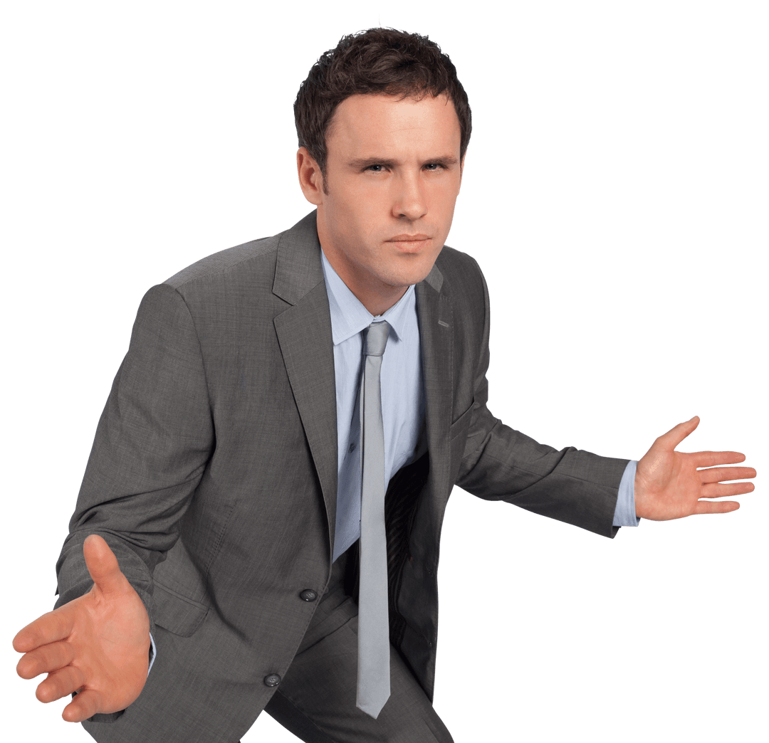 Confident Businessman in Gray Suit with Open Hands on Transparent Background