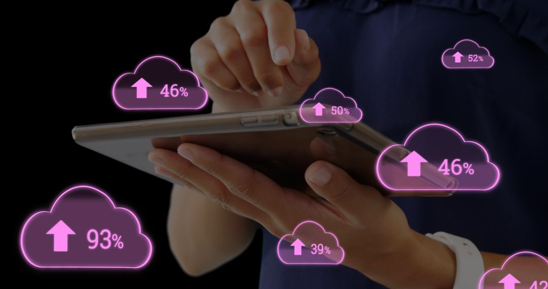 Woman Using Tablet with Digital Cloud Upload Illustrations