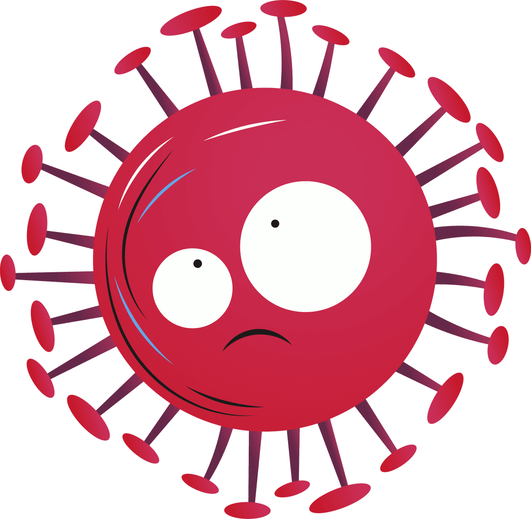 Worried Red Virus Character with Purple Spikes on Transparent Background