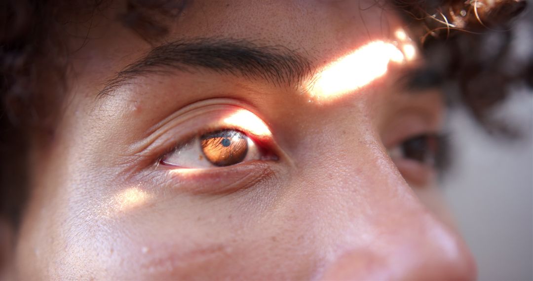 Macro Close-up of Eye with Sunlight Reflection on Iris
