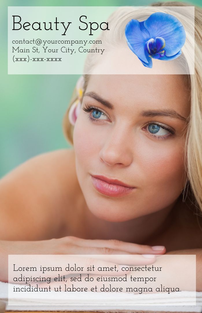 Serene Woman in Spa Setting with Blue Orchid for Wellness Advertisement