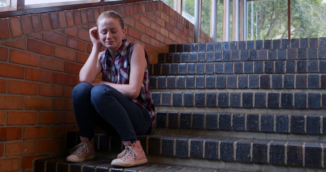 Teenage Girl Sitting Alone on Staircase Feeling Sad - Free Images, Stock Photos and Pictures on Pikwizard.com