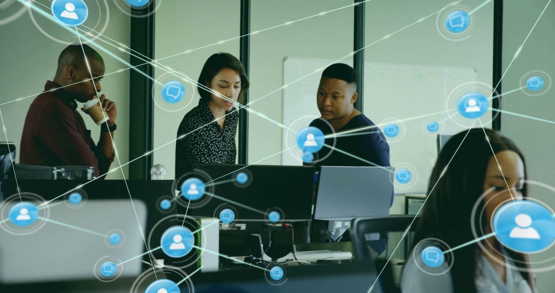 Diverse Coworkers Discussing Reports with Digital Network Overlay