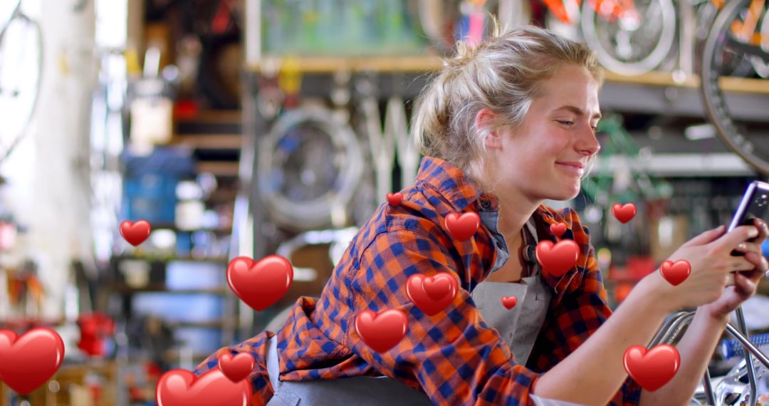 Bicycle Mechanic Texting with Floating Digital Hearts