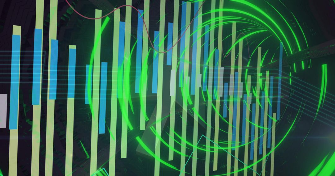 Abstract HUD visualization with neon green rings, vertical bars, glowing gridlines