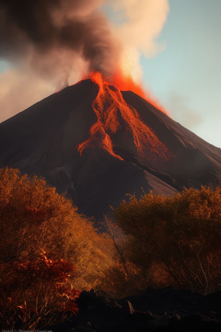 Erupting Volcano at Sunset with Flowing Lava and Ash Cloud - Free Images, Stock Photos and Pictures on Pikwizard.com