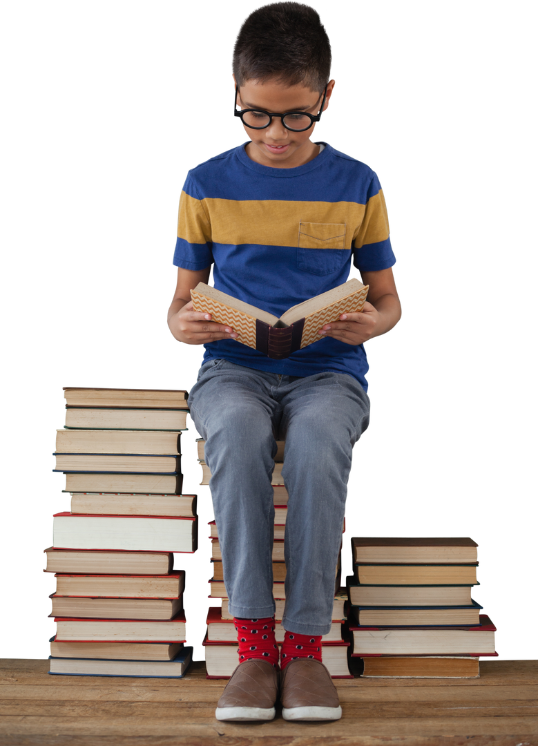 Boy Wearing Glasses Reading on Transparent Book Stacks - Download Free Stock Images Pikwizard.com