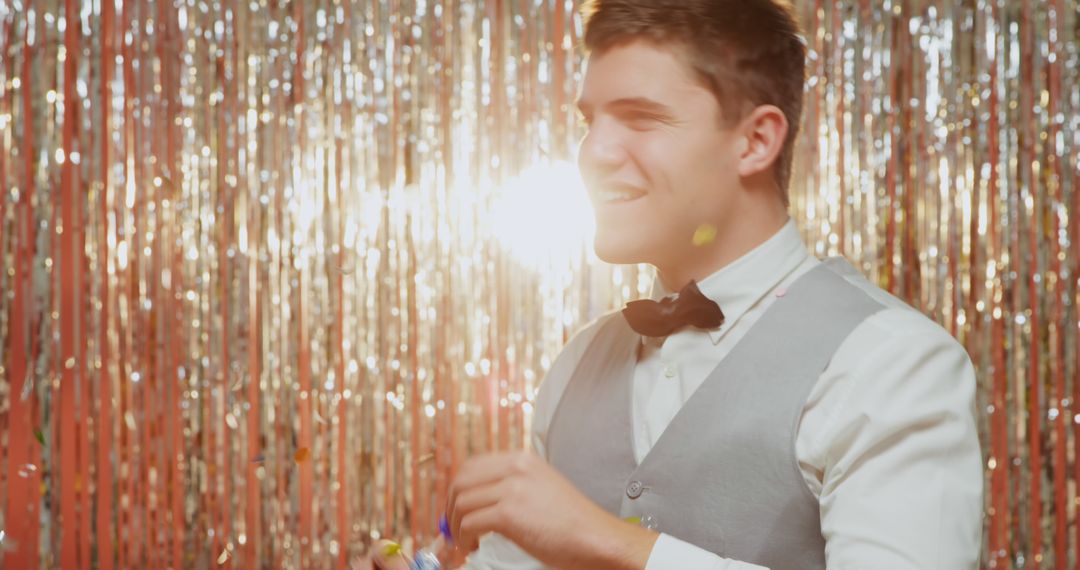 Smiling Man in Formal Wear Celebrating against Sparkling Backdrop - Free Images, Stock Photos and Pictures on Pikwizard.com