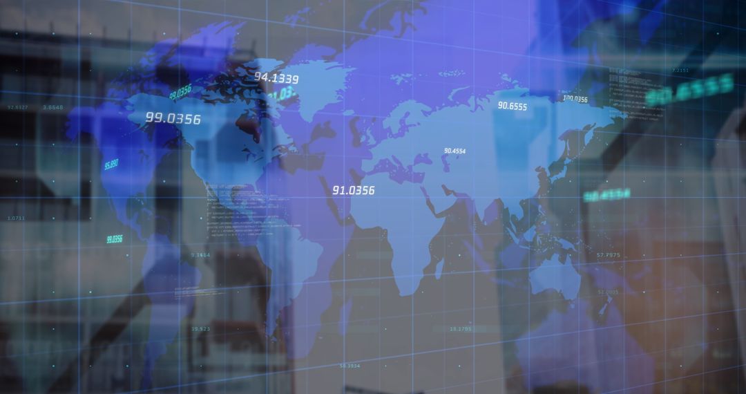 Futuristic Financial Data Overlay on World Map and Cityscape